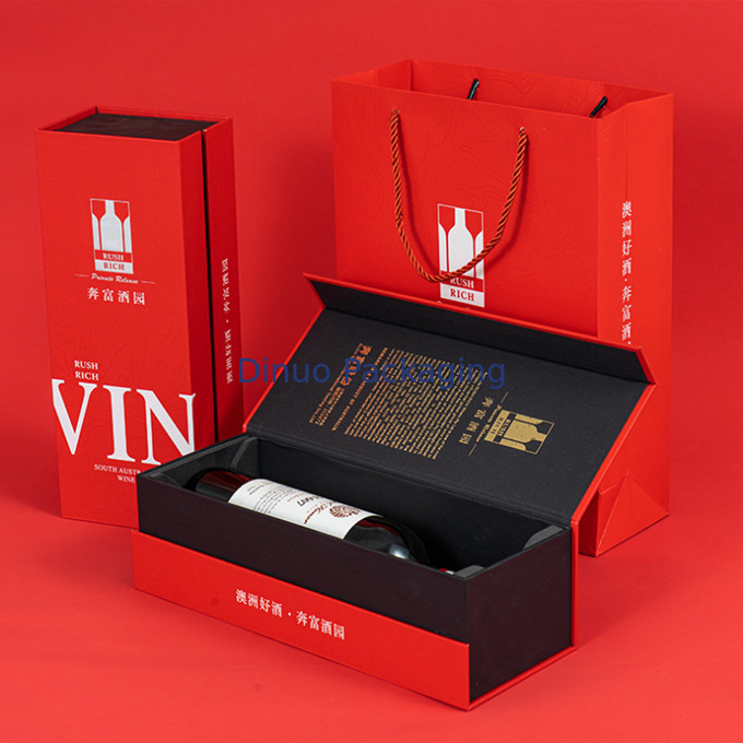 Contenitore di regalo rosso su ordinazione stampato oro caldo su ordinazione del pacchetto del vino bianco della scatola di carta per la consegna